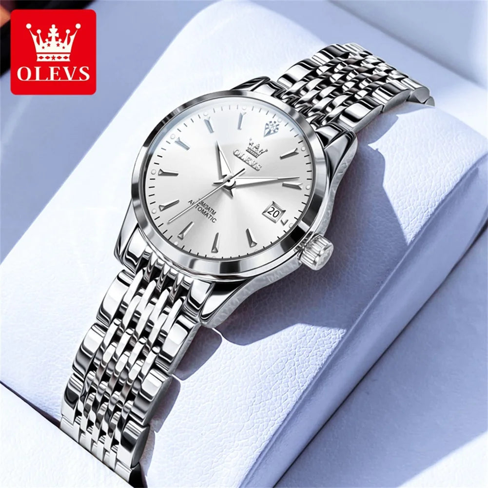 Reloj mecánico para mujer OLEVS 6635, reloj de pulsera elegante de lujo sencillo, reloj automático con calendario y resistente al agua de acero inoxidable