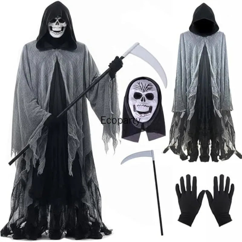 Set de disfraz de la Muerte para adulto, Halloween, fantasma, dementores, cosplay, capa con capucha, máscara y guantes para fiesta del Día de los Muertos