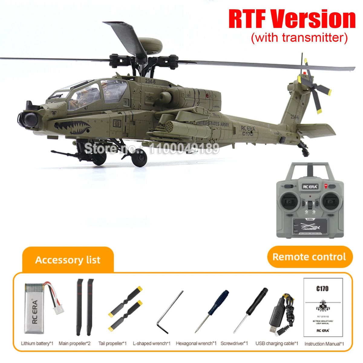 Helicóptero RC ERA C170 AH-64 Apache de 6 Canales, sin Escobillas, con Estabilización Automática, con 2 Figuras de Piloto de Camuflaje, Avión de Juguete para Adultos