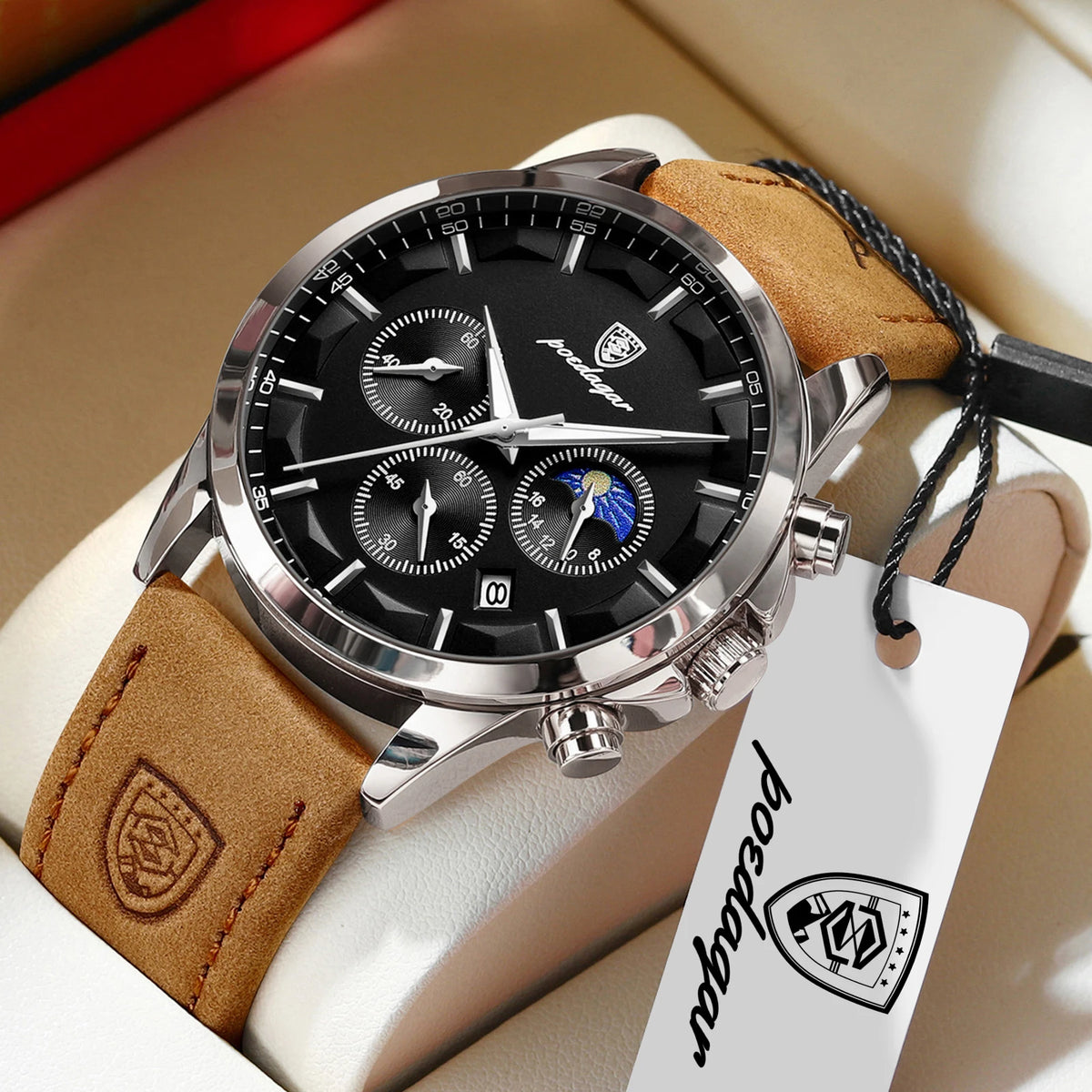Reloj de pulsera para hombre POEDAGAR, deportivo y de lujo, con cronógrafo, resistente al agua, luminoso, con fecha y correa de piel, ideal para negocios.