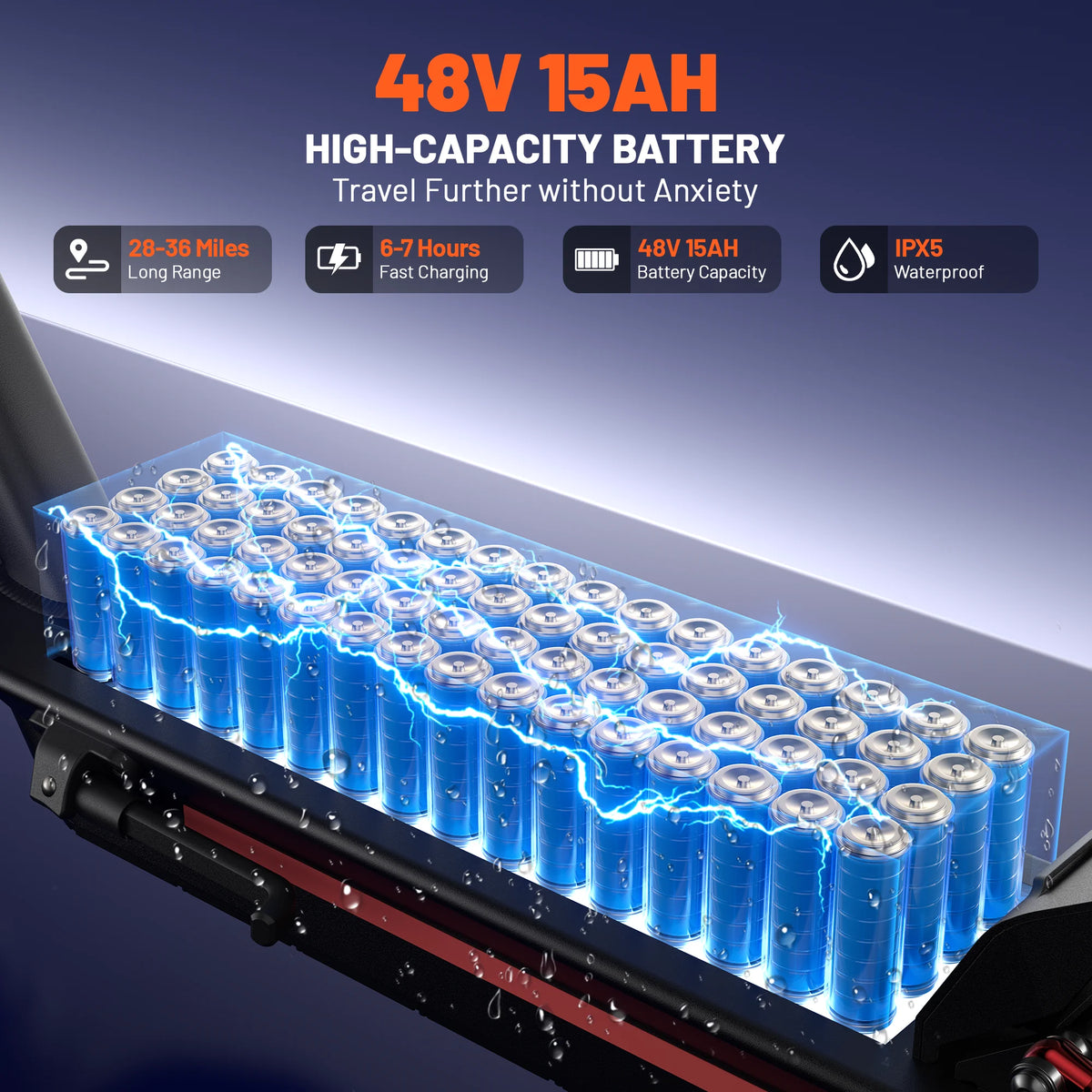 Pack de batería de alta capacidad con celdas luminosas azules en el patinete eléctrico.