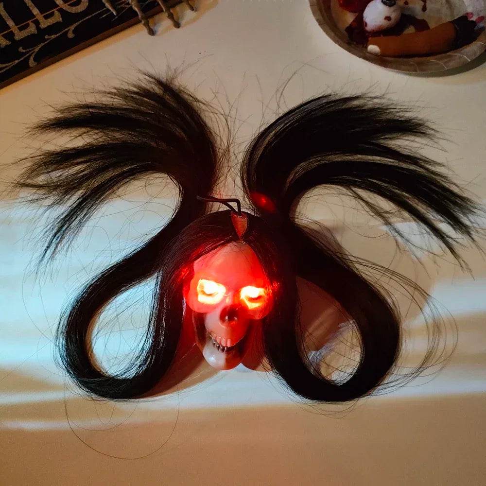 Halloween Ghost Skull with Long Hair Glowing Eyes Terror Skeleton Head Prop Haunted House Decoration for Party Outdoor Yard ﻿