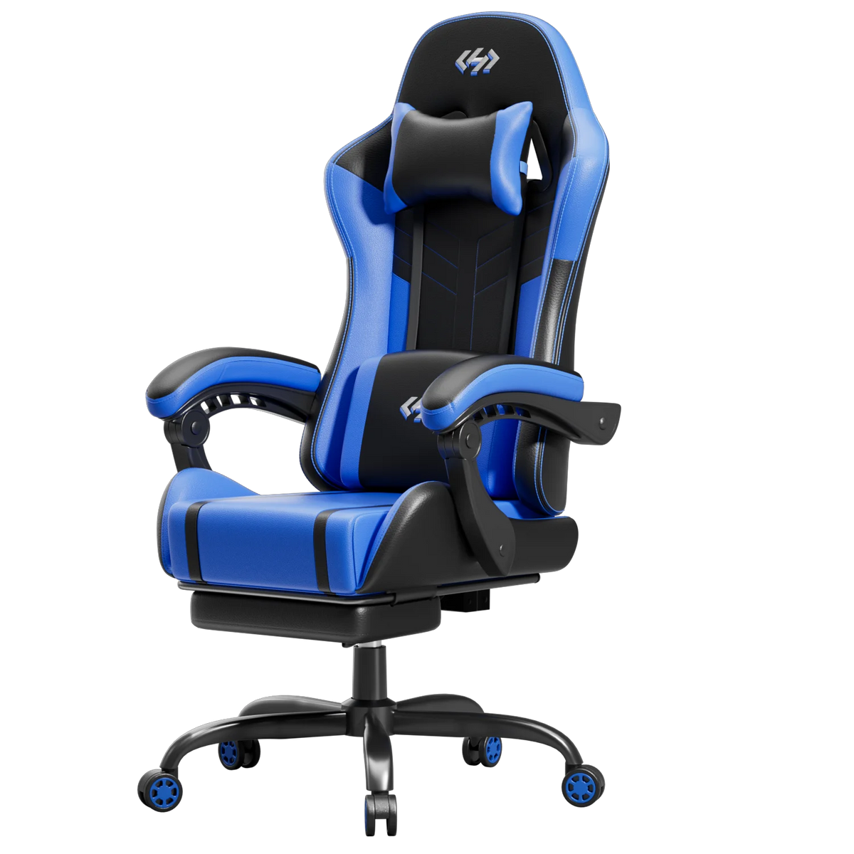 Silla gamer de cuero sintético azul y negra con reposacabezas y respaldo alto