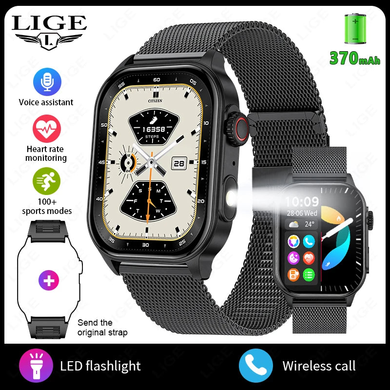 LIGE 2026 New Women Smart Watch Flashlight 2.01” HD Display AI Voice Bluetooth Call Sports Watches Health Monitor Smartwatch Men