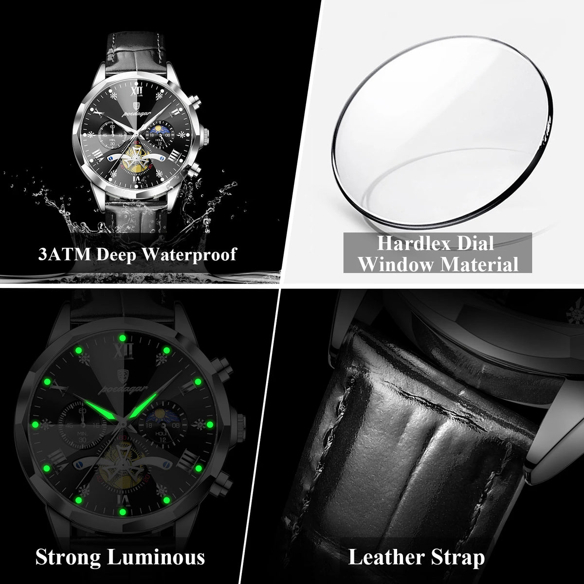 Reloj de cuarzo para hombre POEDAGAR, de lujo, cronógrafo, resistente al agua, luminoso, estilo militar, de piel, para negocios
