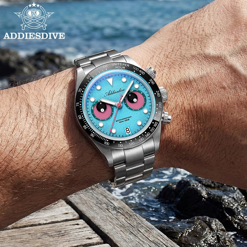 Reloj de lujo para hombre ADDIESDIVE AD2557 con esfera divertida, cronógrafo Meca-Quartz VK64, bisel de cerámica de 40 mm, luminiscencia BGW9 y resistente al agua hasta 100 m