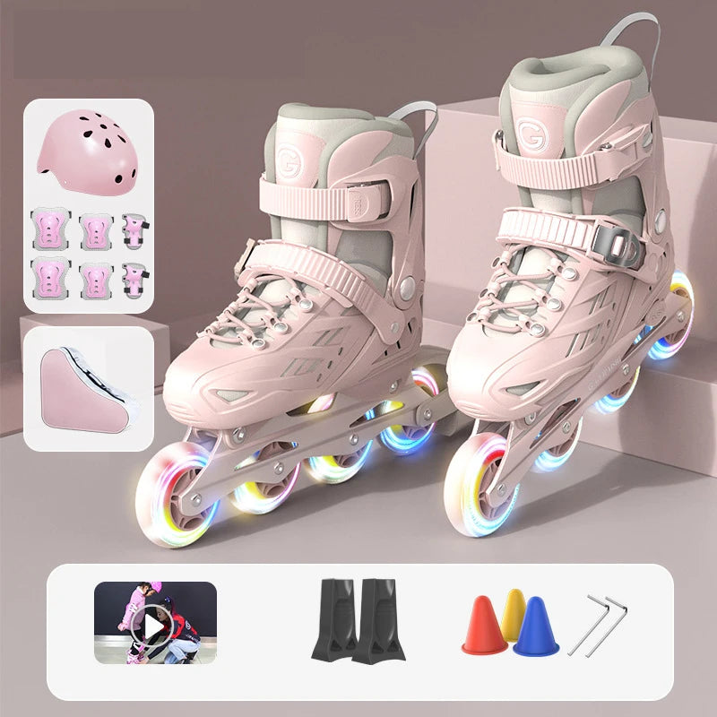 Patines en Línea con 4 Ruedas y Luces Intermitentes, con Juego Completo de Protección, Casco, Rodilleras, Coderas, Bolsa de Transporte, Talla Ajustable para Niños y Niñas