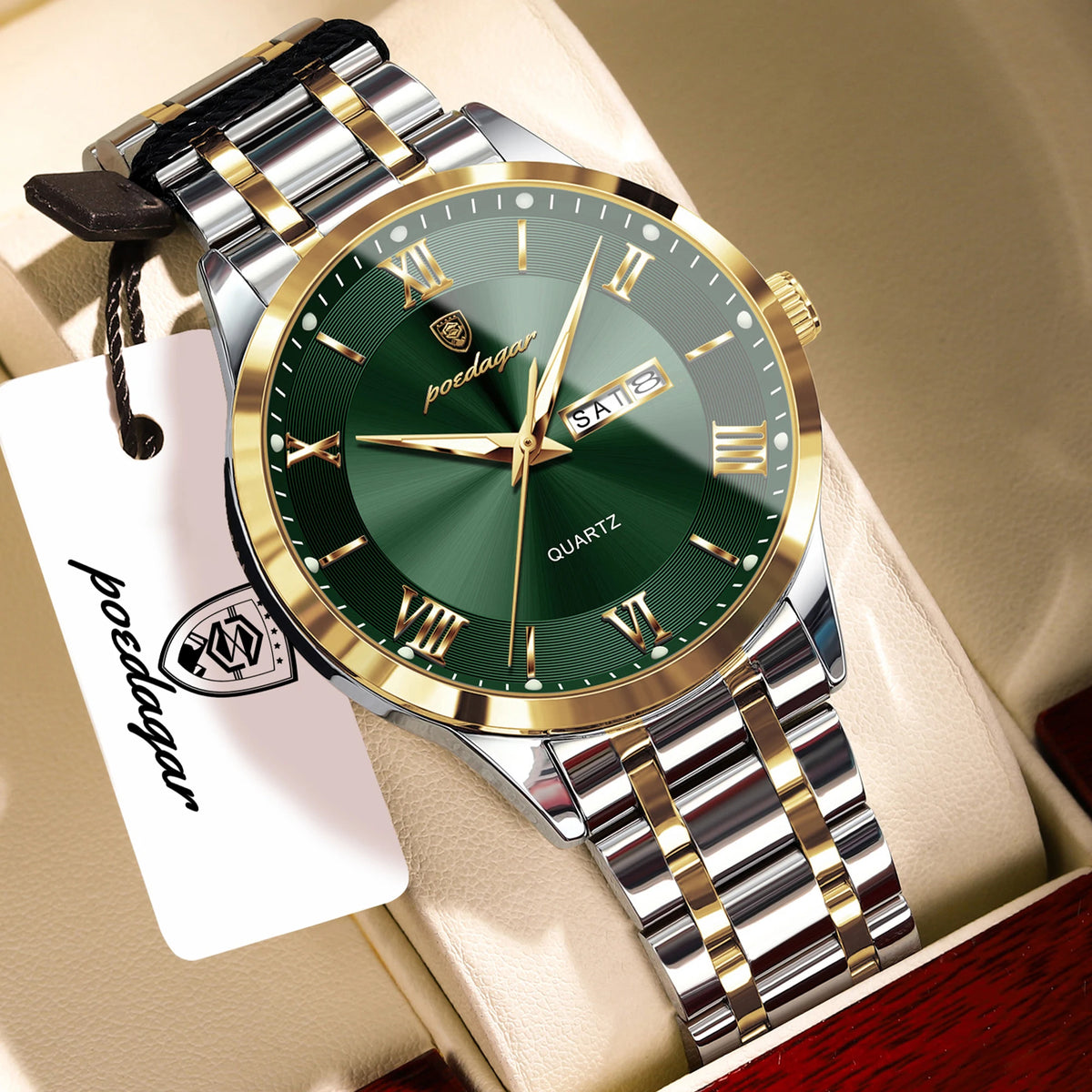 Reloj de pulsera para hombre POEDAGAR de moda, luminoso, impermeable, de acero inoxidable, con fecha y día, de cuarzo para negocios