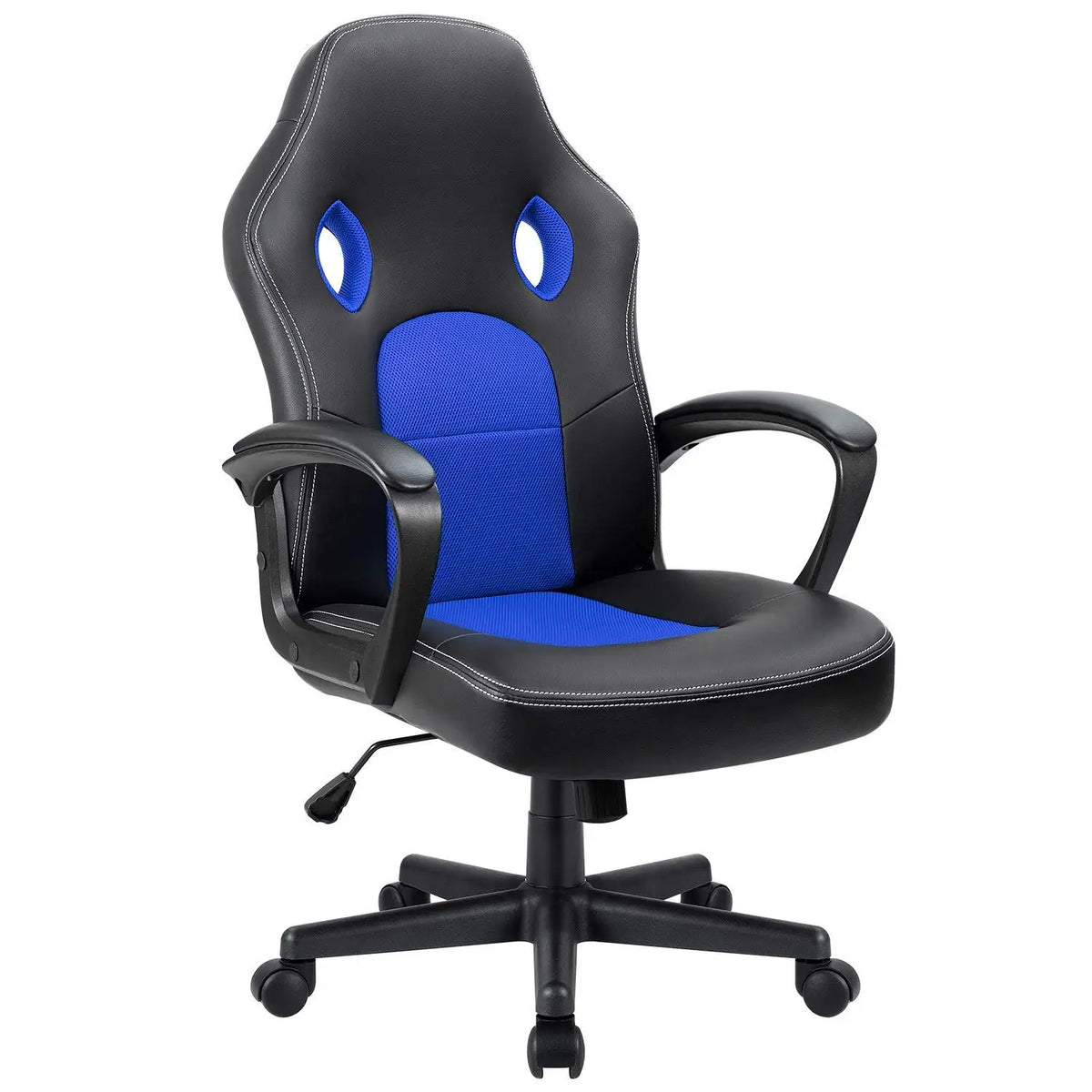 Silla gamer ajustable con respaldo alto y asiento acolchado azul y negro, base giratoria