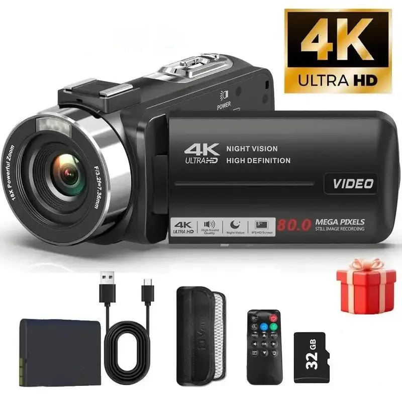 Videocámara 4K Ultra HD, Cámara Digital de 80MP, Cámara para Vlogging para YouTube, Pantalla IPS de 3.0" y 270° °   Cámara DV portátil con visión nocturna IR y pantalla