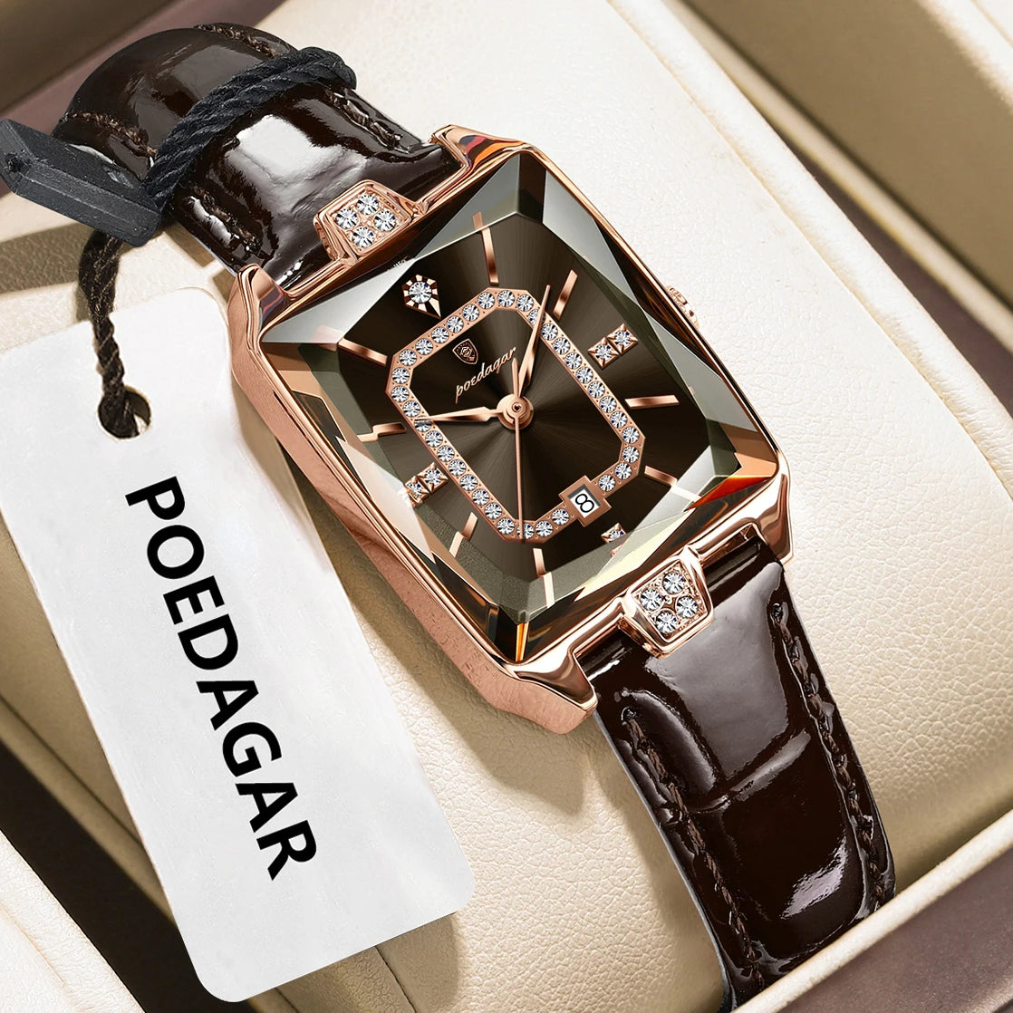 Reloj de pulsera para mujer POEDAGAR de alta calidad, resistente al agua, con fecha, correa de piel, reloj de cuarzo de lujo, rectangular para mujer