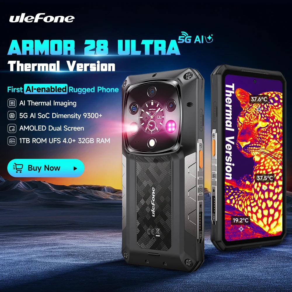Smartphone resistente Ulefone Armor 28 Ultra 5G con cámara térmica IA, Dimensity 9300+, 1 TB de ROM, 32 GB de RAM, Android, pantalla AMOLED