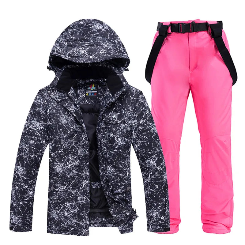 -30 Conjuntos de trajes de nieve blancos para hombres o mujeres Ropa de invierno al aire libre Ropa de snowboard Disfraces impermeables Chaqueta de esquí + Baberos de pantalón de nieve