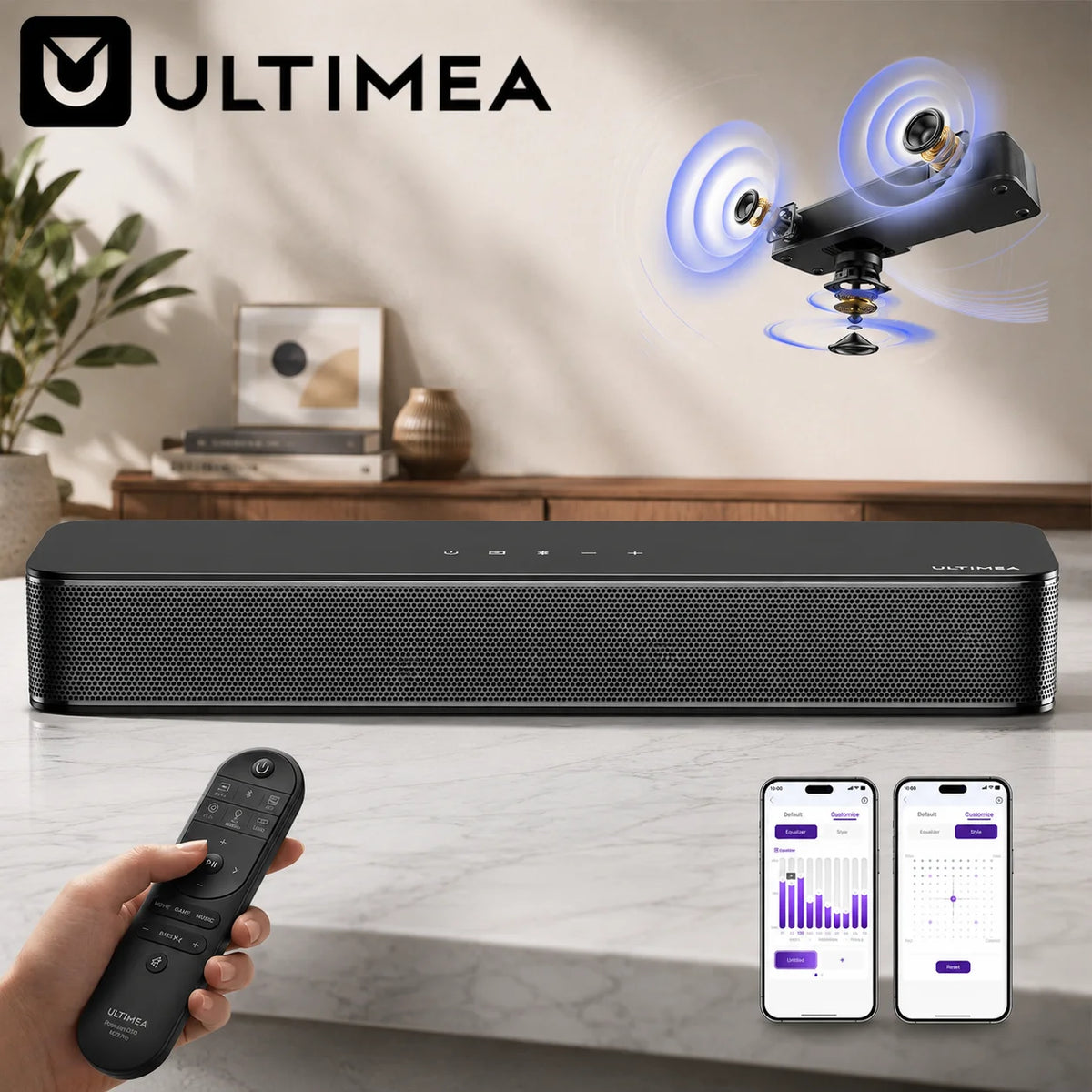 Barra de Sonido 2.1 Todo en Uno ULTIMEA con Subwoofer Integrado, Diseño Compacto, Control por Aplicación Inteligente, BassMX ™   Tecnología, 121 preajustes de ecualizador y ecualizador de 10 bandas