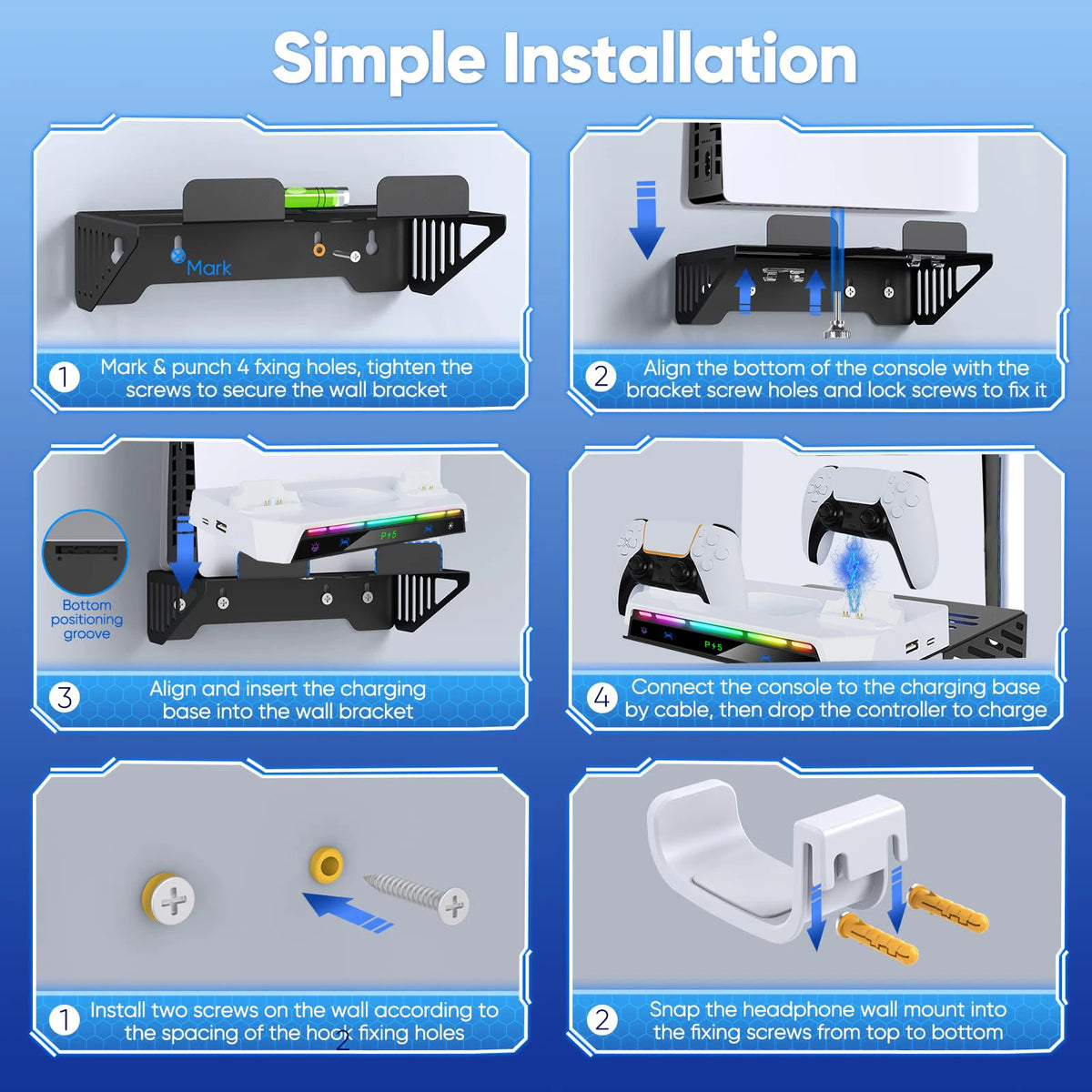 Kit de montaje en pared para consola PS5/Pro/Slim con estación de carga de luz RGB y soporte para auriculares para accesorios de doble mando PS5