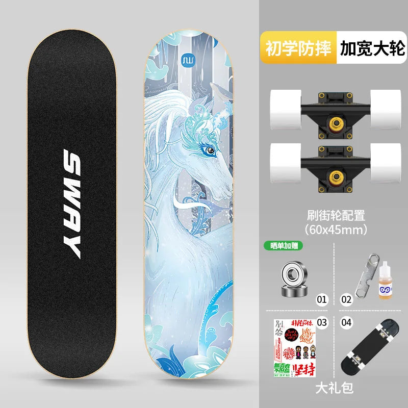 Patineta de 4 Ruedas con Doble Amortiguación para Adultos, Profesional para Principiantes, Resistente a Arañazos y Duradera para Trucos