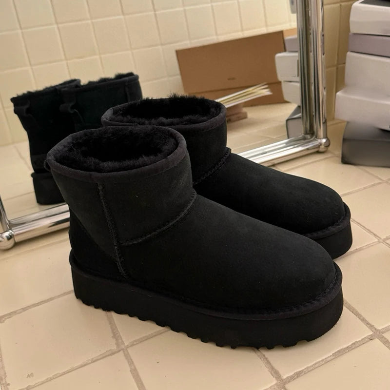 Botas de nieve clásicas de mujer, modelo 2027, nuevas, de invierno, cálidas, de lana, con suela gruesa, de cuero genuino y piel.