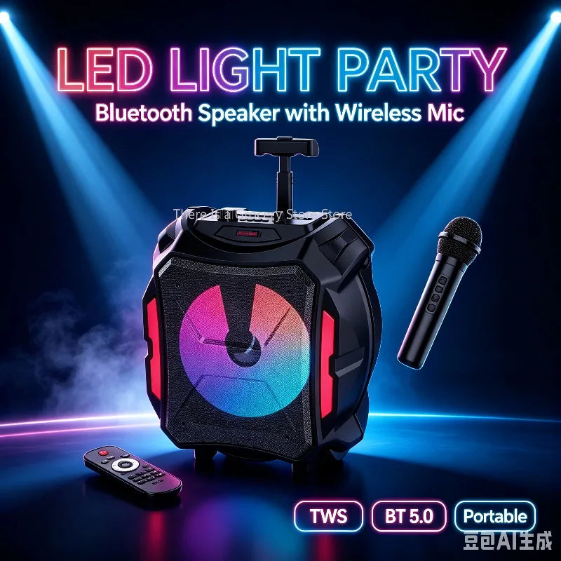 Altavoz karaoke portátil Bluetooth, sonido estéreo TWS, luz LED, micrófono inalámbrico + control remoto, audio para fiestas al aire libre