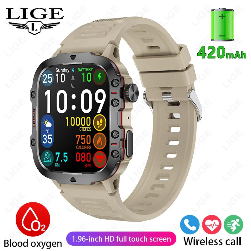 LIGE Nuevo Reloj Inteligente Pantalla de 1.96 Pulgadas 420 mAh Llamada Bluetooth Asistente de Voz Reloj Deportivo Fitness Reloj Inteligente Impermeable para Hombre