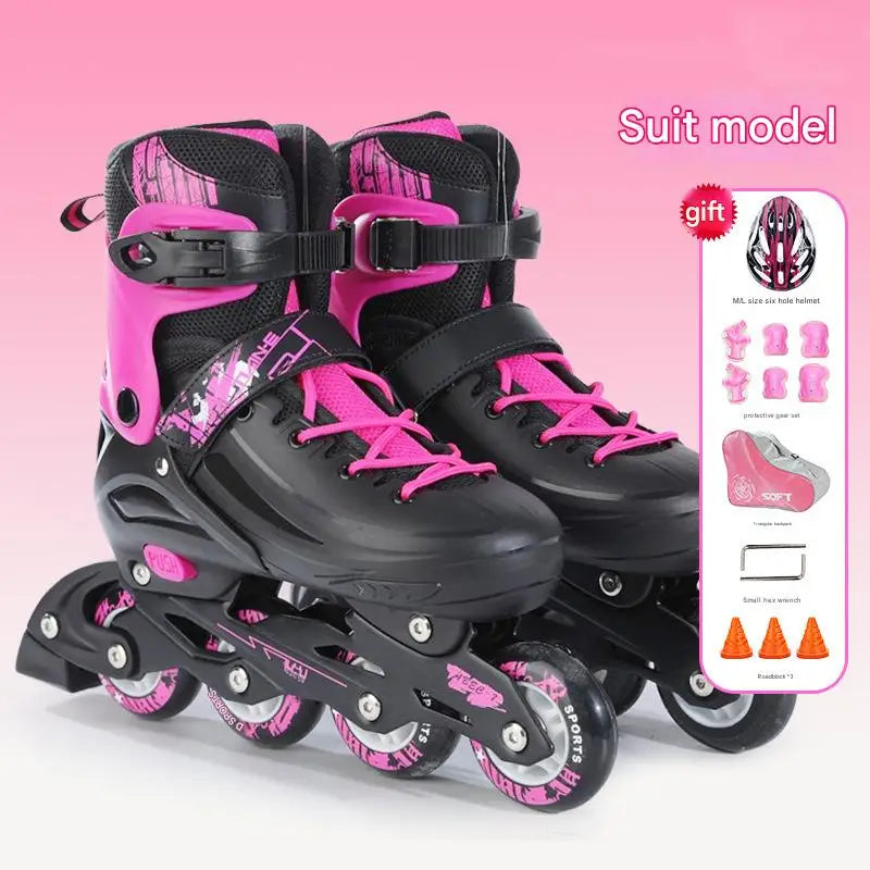 Juego de zapatos de patín en línea parpadeantes con casco, codo, rodilleras, patines de 4 ruedas para niños y mujeres, zapatillas de patinaje al aire libre