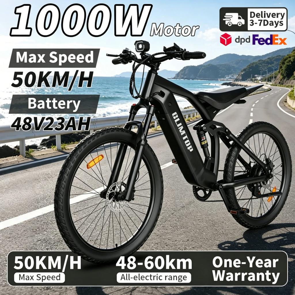 CLIMTOP Q31 Electric Bike for Adults 1000W Motor 48V 23Ah Lithium Battery 27.5" E-bike Full Suspension Bicycle for Mountains Road