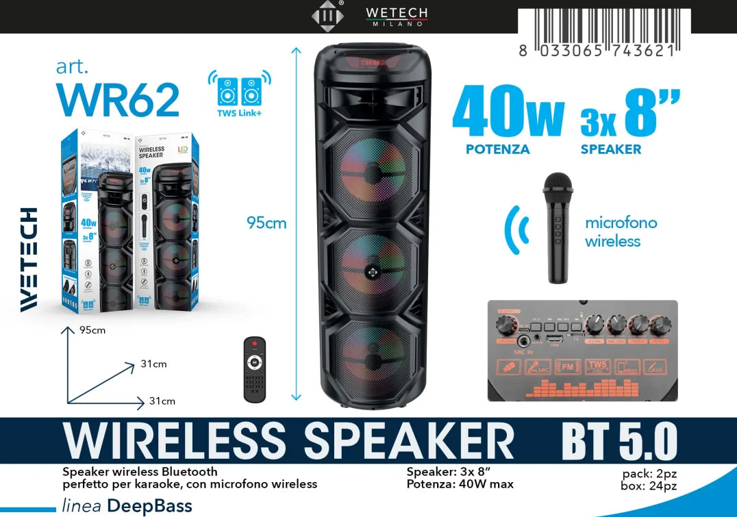 Altavoz karaoke portátil Bluetooth, sonido estéreo TWS, luz LED, micrófono inalámbrico + control remoto, audio para fiestas al aire libre