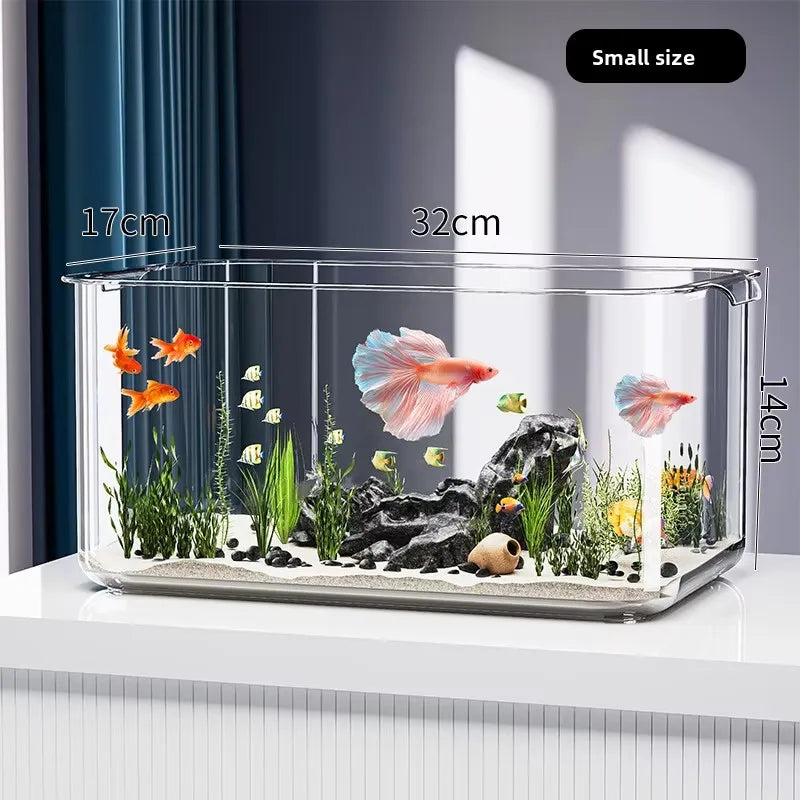 Pecera pequeña de acrílico transparente similar al vidrio, acuario ecológico de escritorio irrompible para peces betta, peces dorados, decoración de oficina y hogar