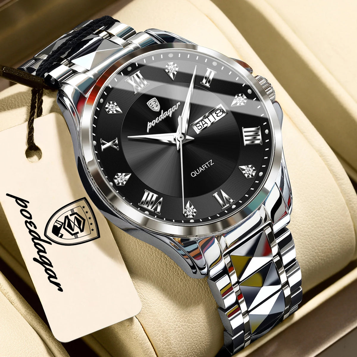 Reloj de pulsera para hombre de lujo POEDAGAR, resistente al agua, luminoso, con fecha y día, reloj de cuarzo de acero inoxidable para negocios, reloj para hombre.