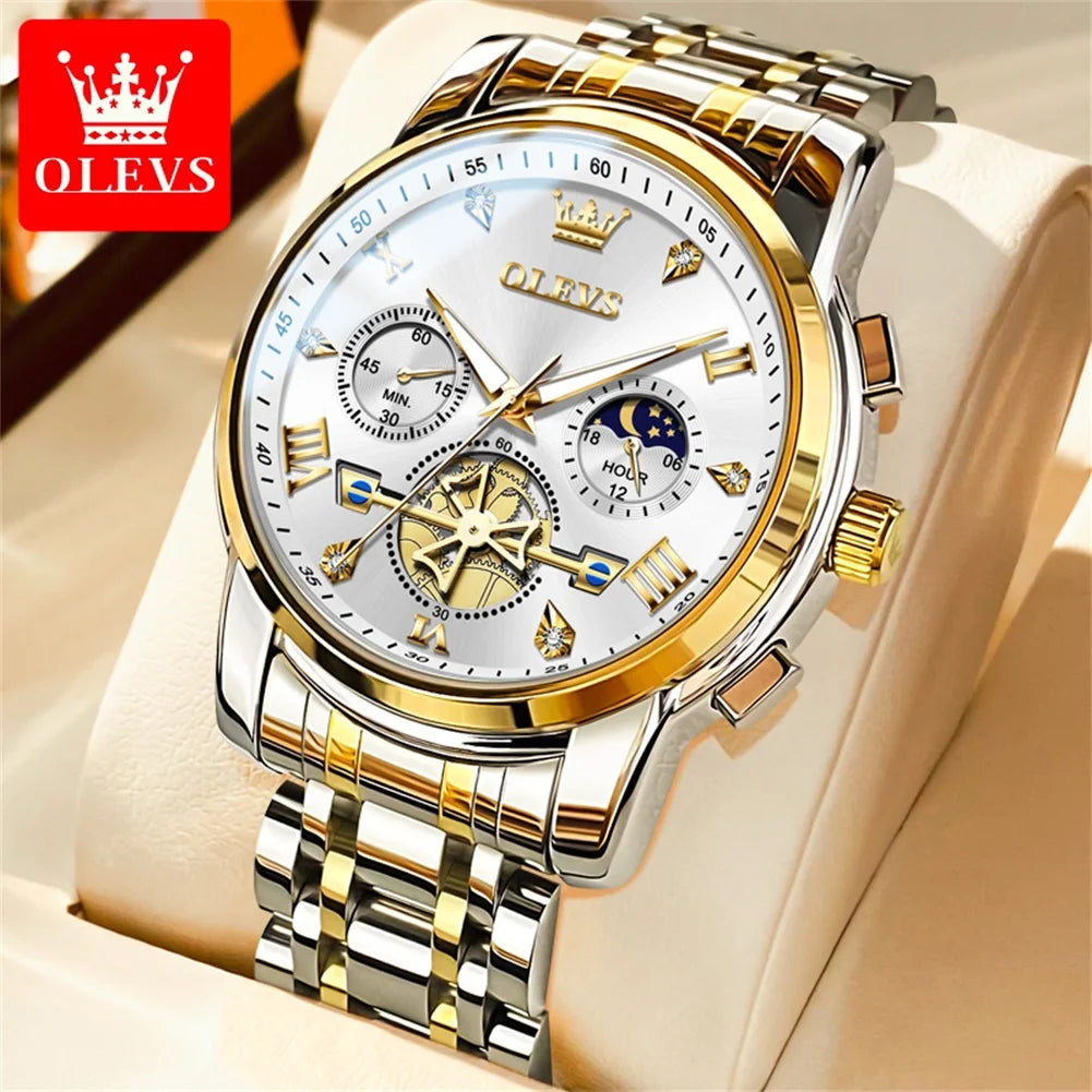 Relojes de cuarzo OLEVS 2856 para hombre, diseño de volante de moda, cronógrafo, resistente al agua, luminoso, calendario, fase lunar, relojes de pulsera para hombre