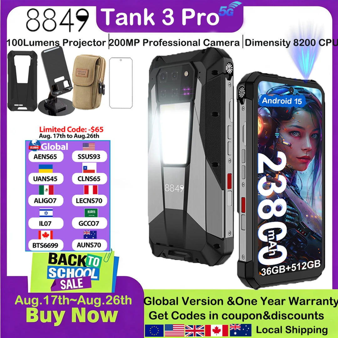 Teléfono inteligente resistente Unihertz Projector 8849 Tank 3 Pro, 23800 mAh, 100 lúmenes, cámara de 200 MP, Android 15, Dimensity 8200, 512 GB, para exteriores, IP68