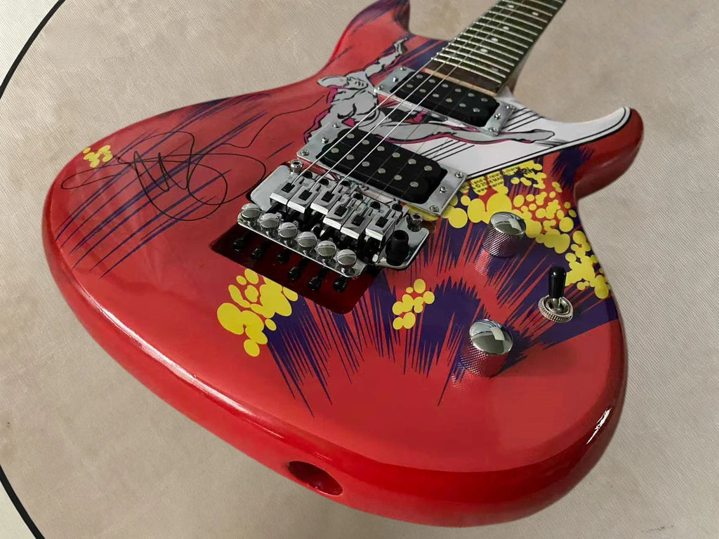Guitarra eléctrica Joe de 6 cuerdas, color rojo brillante, muy popular, con puente FR Tremolo y conector de entrada (y conector de salida) en la parte inferior del cuerpo.