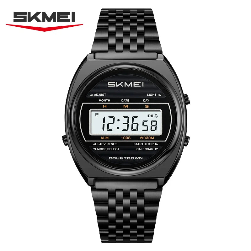 Reloj digital de lujo SKMEI 2653 para hombre, acero inoxidable, resistente al agua, cronómetro, temporizador de cuenta regresiva, luz EL, resistente a los golpes