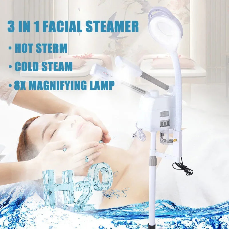 Vaporizador Facial vaporizador de vapor frío y caliente ozono 3 en 1 humidificador Nano iónico mejorado con lámpara de aumento LED 8X salón de belleza Spa