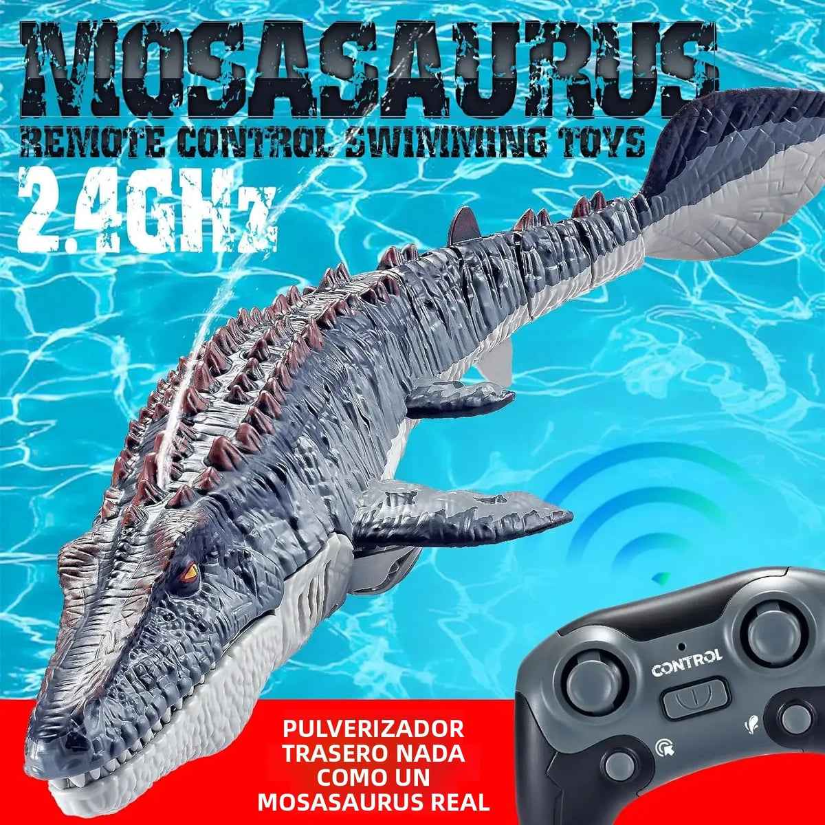Juguete de dinosaurio nadador Mosasaurus a control remoto de 2.4GHz, barco RC, impermeable, con función de rociado, recargable por USB, para niños, piscina, lago, aire libre