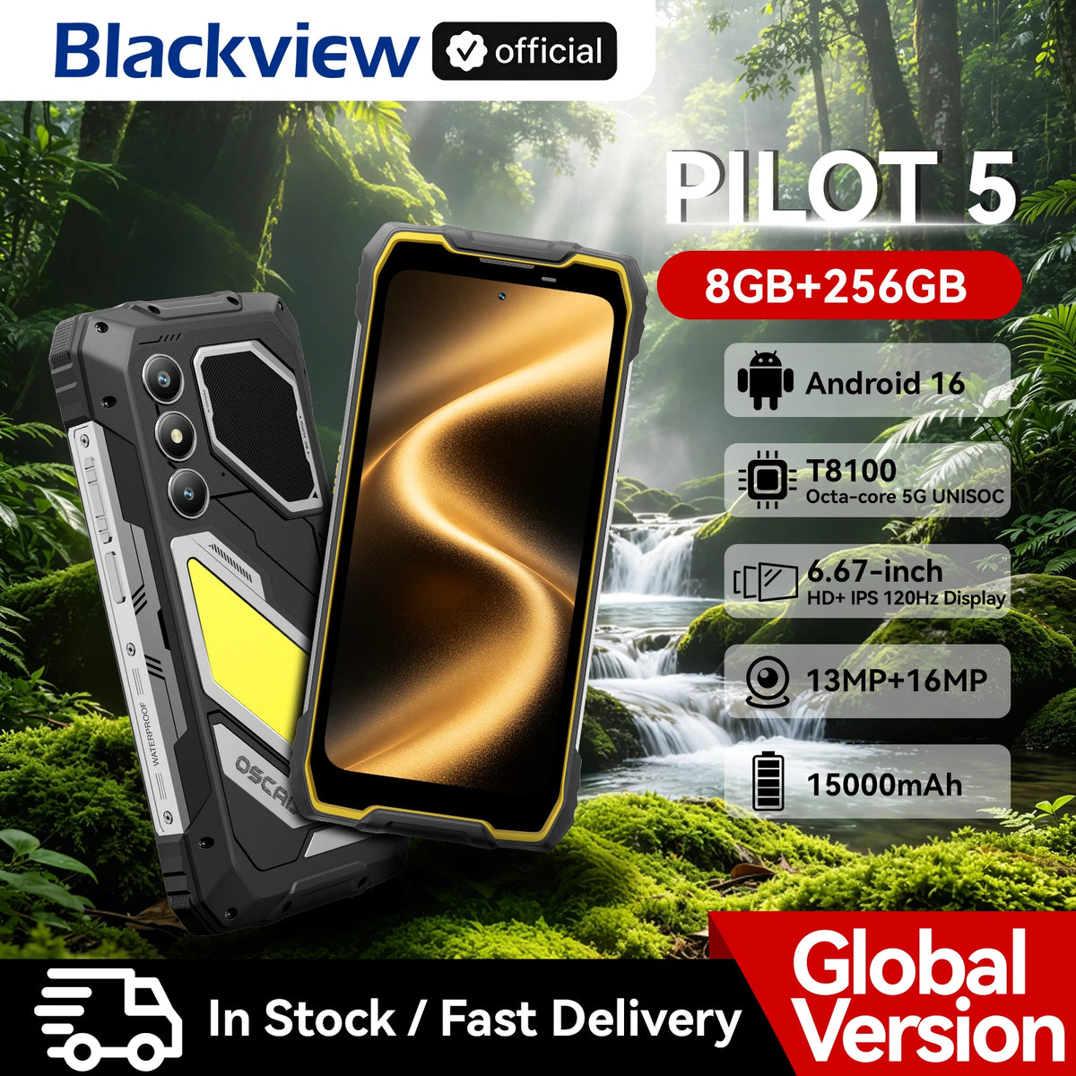 Teléfono inteligente resistente con IA Blackview OSCAL PILOT 5 5G, UNISOC T8100, pantalla de 6,67" 2,4K a 120 Hz, 8 GB + 256 GB, batería de 15000 mAh