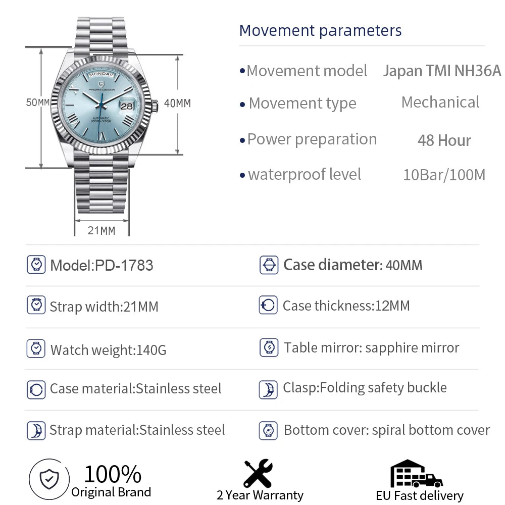 Reloj Pagani Design 2025 Nuevo para hombre, 40MM, día y fecha, marca de lujo, reloj automático de oro, mecánico, resistente al agua