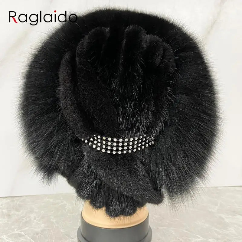 Sombrero de punto de piel de zorro de visón Natural con diamantes para mujer, gorros de invierno, gorro de nieve cálido para exteriores, elegante