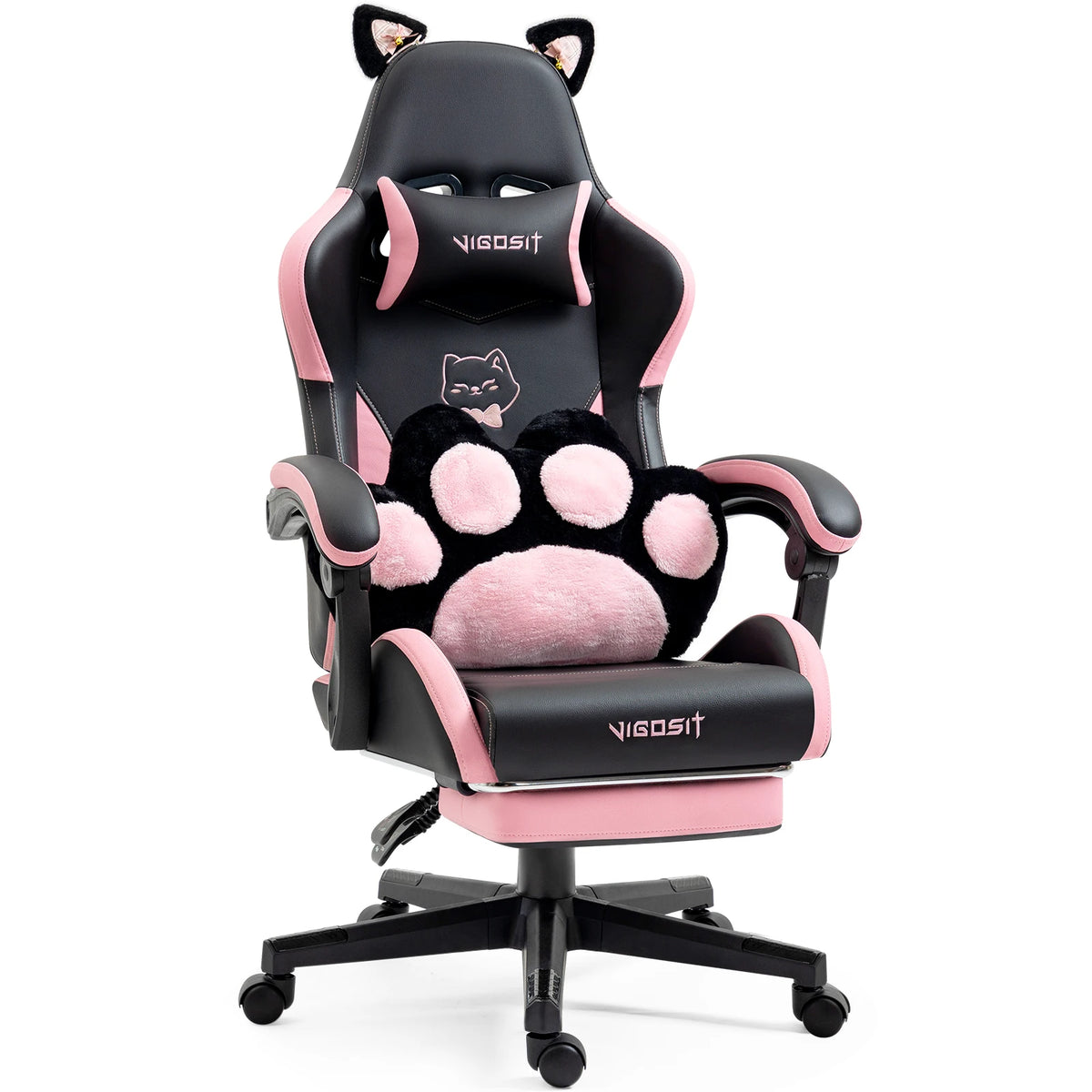 Silla de gaming ergonómica negra con orejas, almohadón y cojín rosa