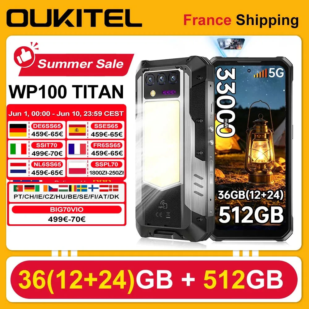 Teléfono inteligente resistente Oukitel WP100 TITAN, 36 GB (12+24) + 512 GB, 6.8'', 5G, 33000 mAh, 66 W, 120 Hz, Android 14, 2+20+32+200 MP, doble SIM