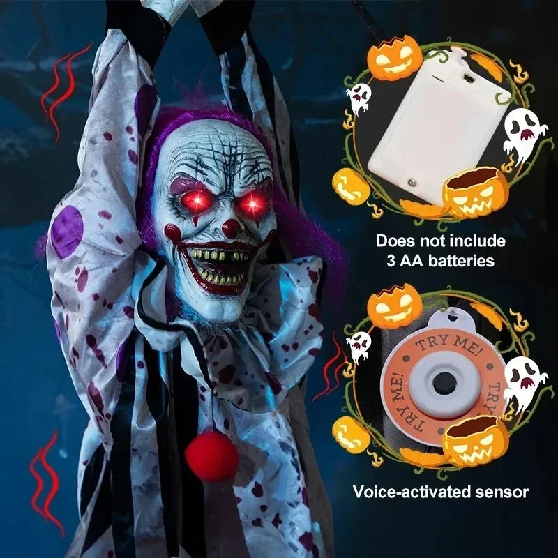 Payaso Colgante de Halloween con Sonido, Activación Táctil y Ojos Rojos Iluminados para Decoración de Fiestas de Casas Encantadas