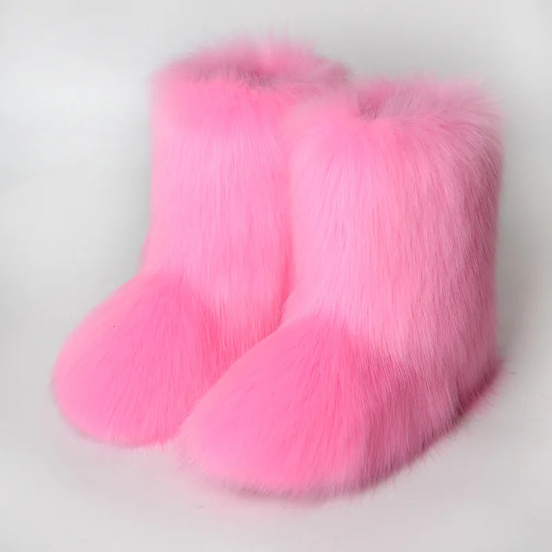 Botas de piel para mujer, botas de nieve de piel sintética peludas y esponjosas de lujo para invierno, botines de plataforma impermeables con cordones, botas de esquí rosas 2024