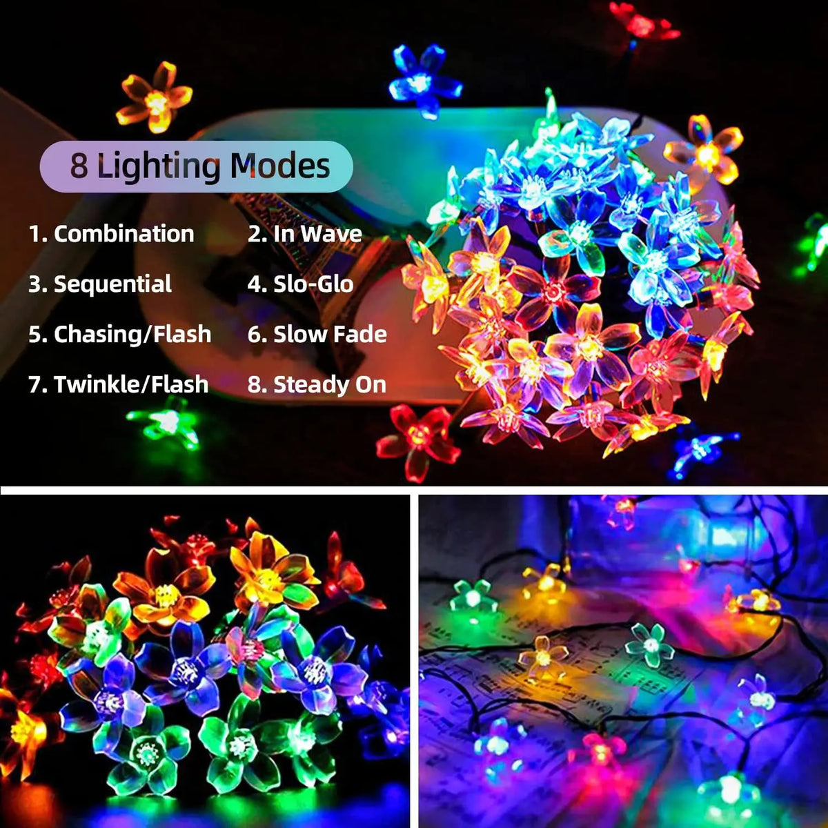 Guirnalda de luces LED solares para exteriores con flores de cerezo, 8 modos de iluminación, decoración solar para camping, jardín y Navidad