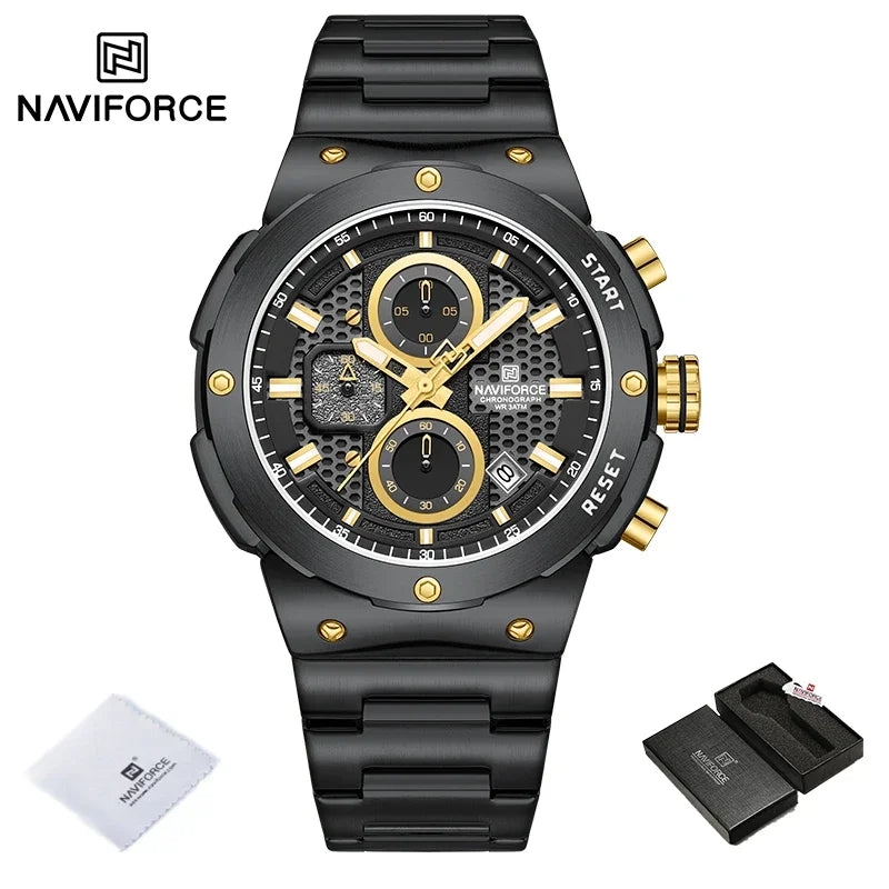 Reloj NAVIFORCE de lujo para hombre, con cronógrafo de cuarzo, luminoso, calendario, resistente al agua, de acero inoxidable, estilo deportivo y militar.