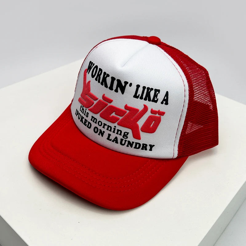 Gorra de béisbol estilo americano para crucero, con estampado de anime y letras, de malla tipo camionero, transpirable, para hombres y mujeres, versátil y a la moda