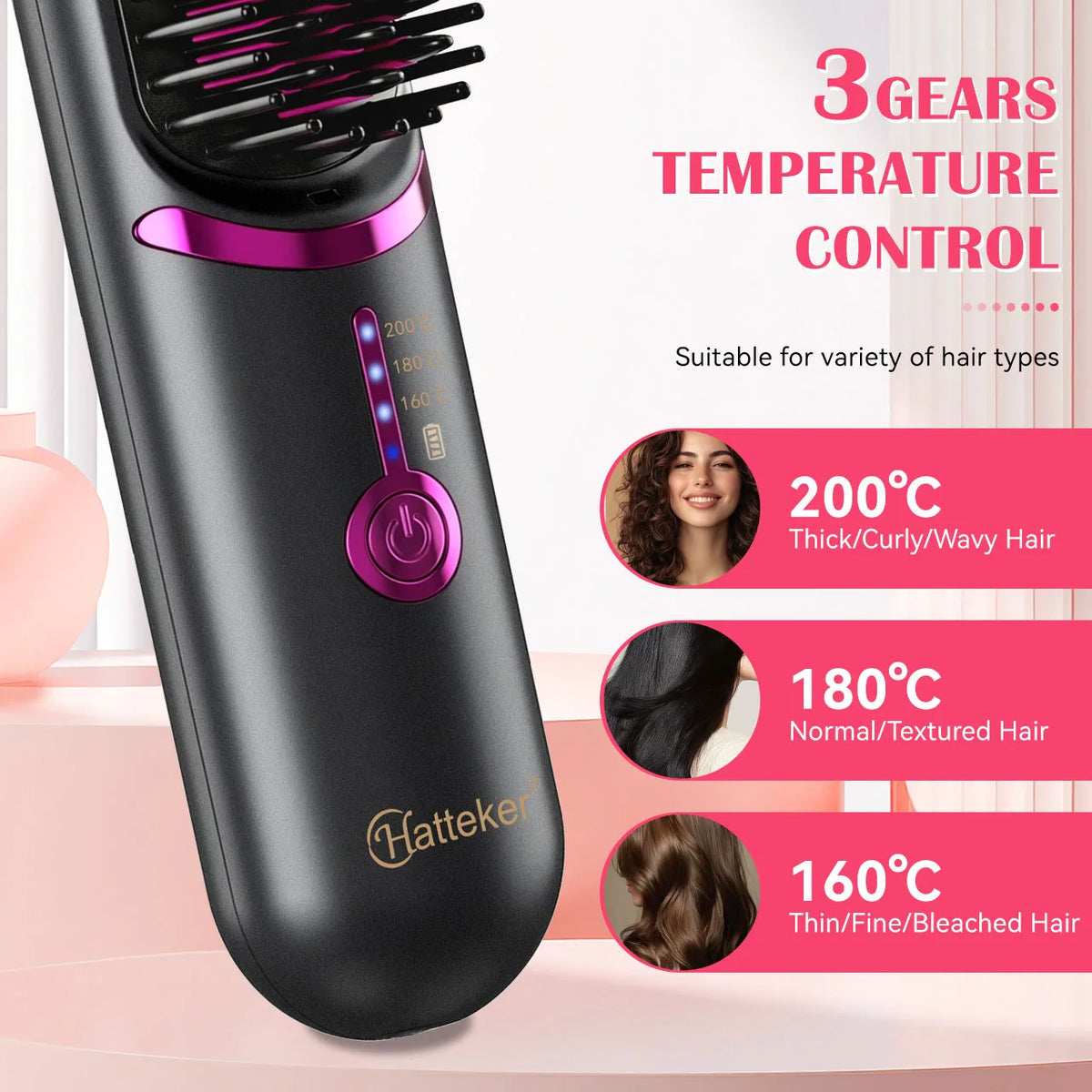 Cepillo Alisador de Cabello Inalámbrico Recargable, Peine Caliente Portátil con 3 Ajustes de Temperatura para un Cabello Liso y Alisado