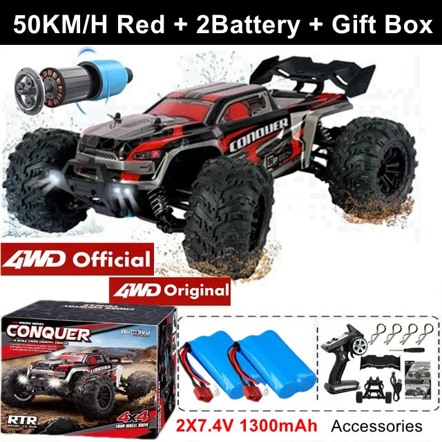 Camión RC 4x4 todoterreno rojo con llantas negras y parachoques, 2 baterías.