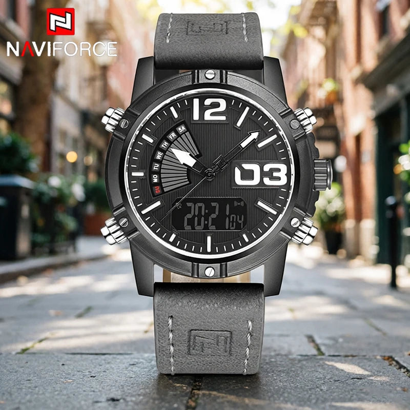 Reloj de cuarzo y digital para hombre NAVIFORCE, nuevo, con doble pantalla, multifunción, luz LED nocturna, deportivo e impermeable.