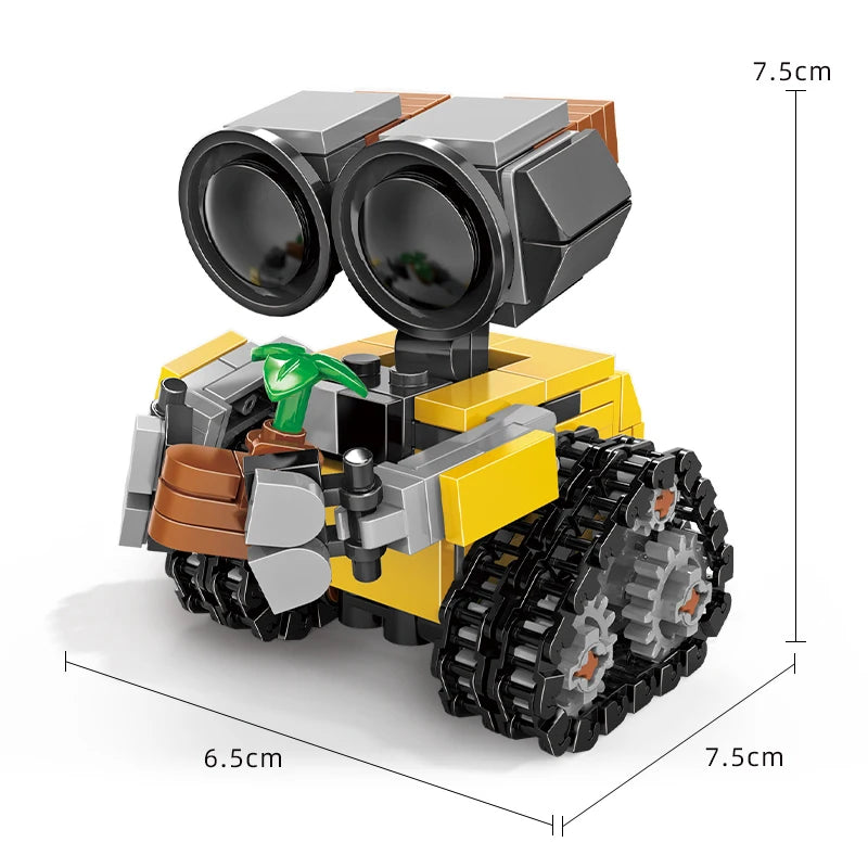 Robot mini de bloques estilo vehículo 217+ piezas; amarillo, gris y ruedas negras