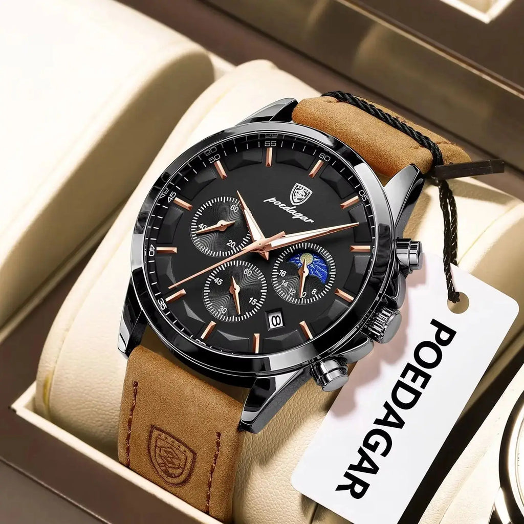 POEDAGAR Luxury Stylish Male Wristwatch Waterproof Chronograph Luminous Date Man Watch Leather Quartz Sports Men's Watches Reloj