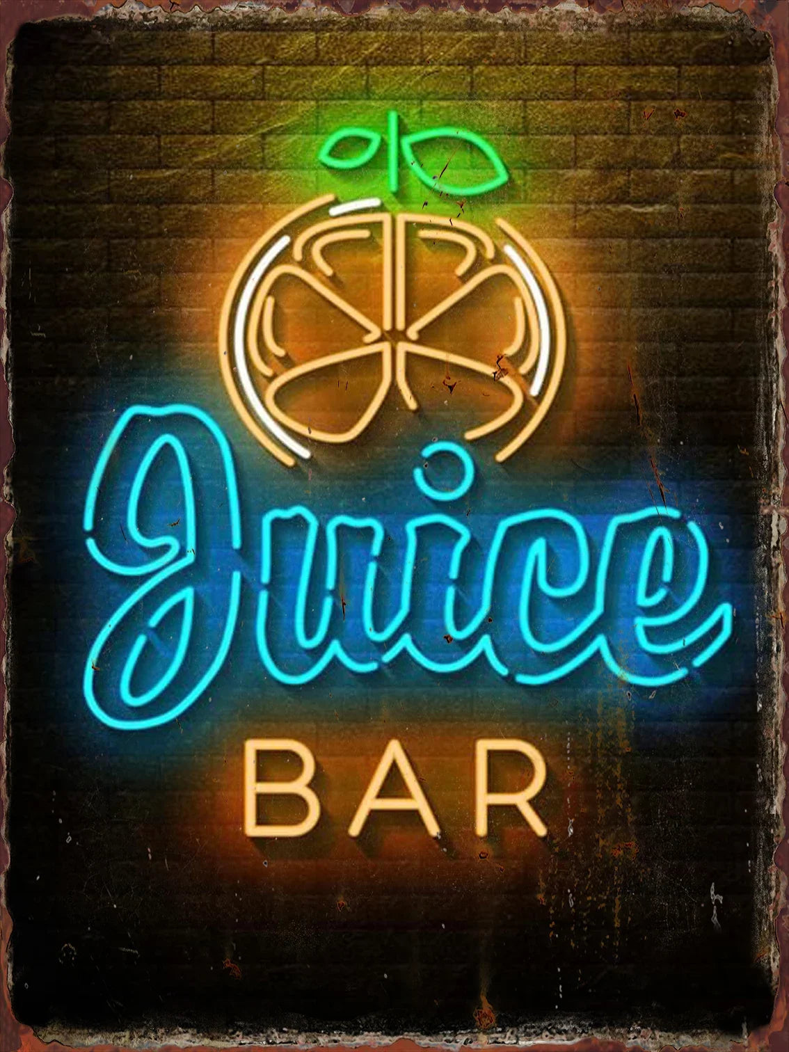 Letrero metálico de lata con neón de cóctel estilo juice bar en verde, amarillo y azul